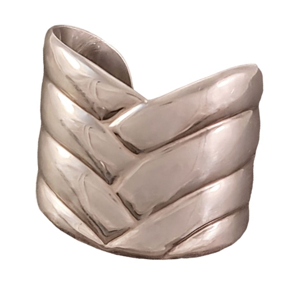 Vintage Heavy Wide Woven Modernist Taxco Mexico Sterling Silver Cuff Bracelet